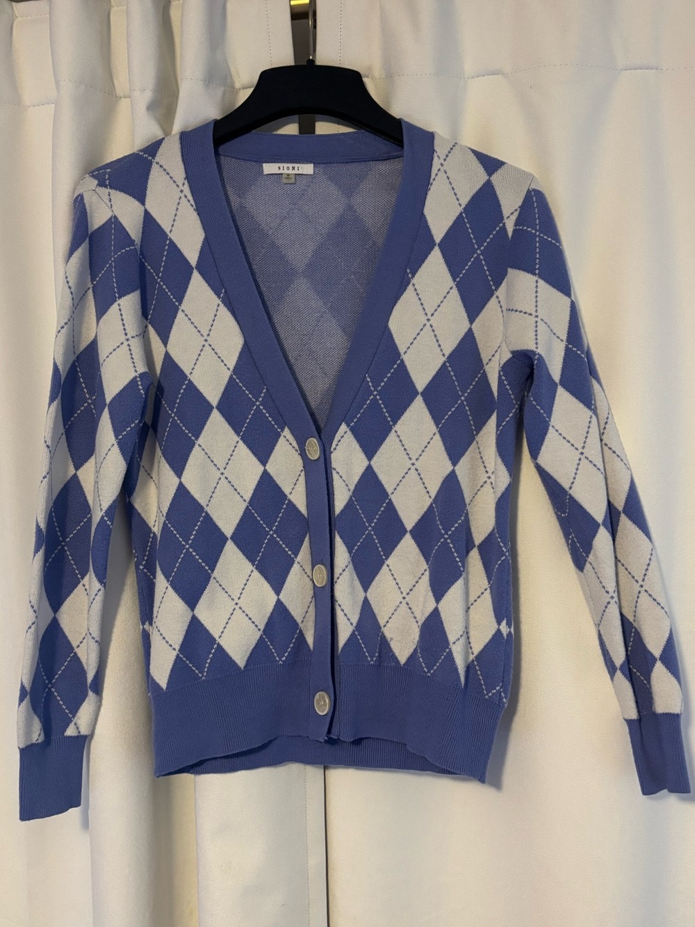 Argyle Cardigan Sweater - Light Blue & White